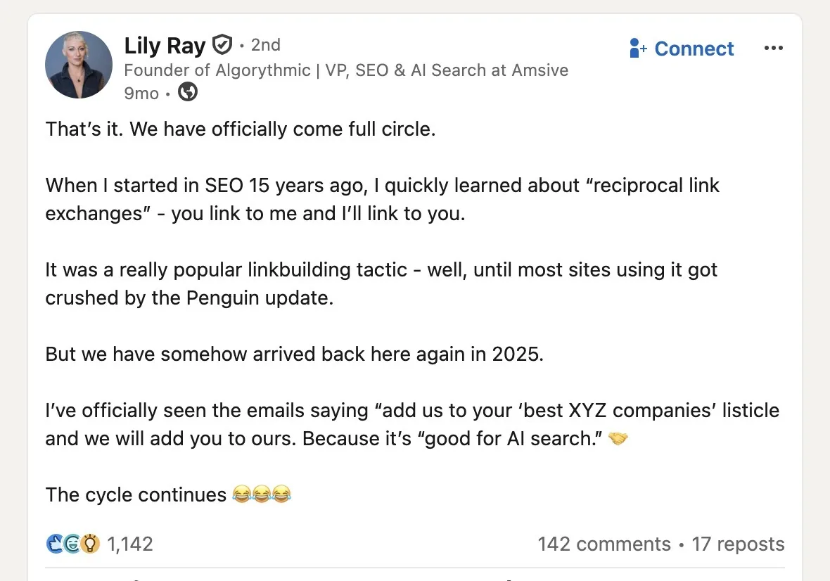 Lily Ray 在 LinkedIn 上发布的一篇帖子，讲述互惠链接建设从 15 年前到现在的演变。