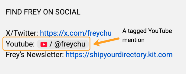 Frey 的社交媒体联系方式,含 X/Twitter、YouTube 链接和新闻邮件 URL。箭头指向 YouTube 提及格式。