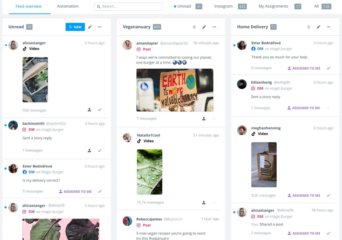 Brandwatch 中的“Feed overview”标签页,按“Unread”、“Vegananuary”和“Home Delivery”分类