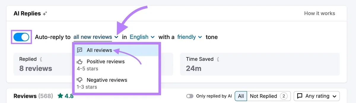 在 Review Management 的 AI Replies 区块中设置自动评价回复。