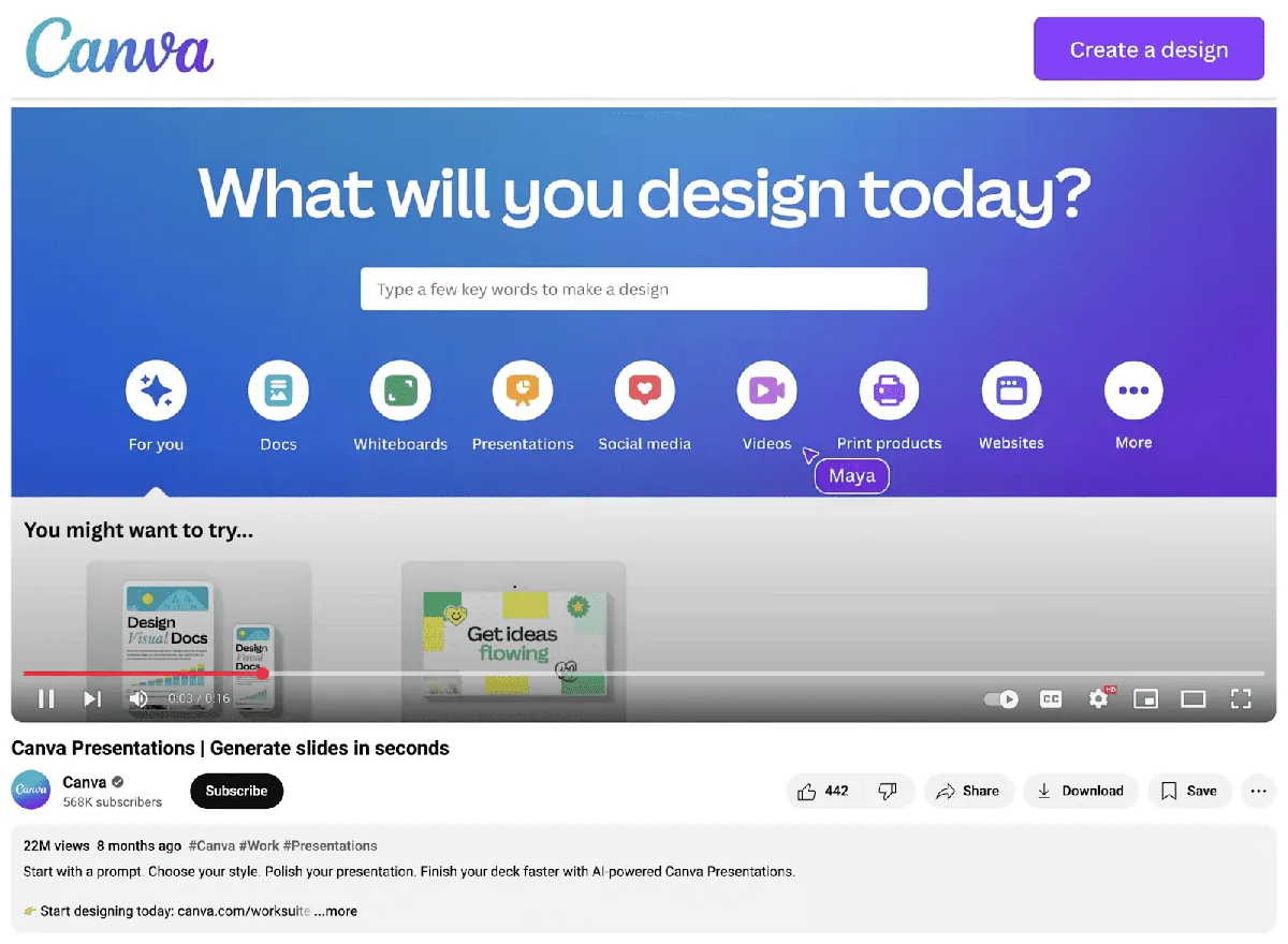 Canva 的“Canva Presentation | Generate slides in seconds”广告