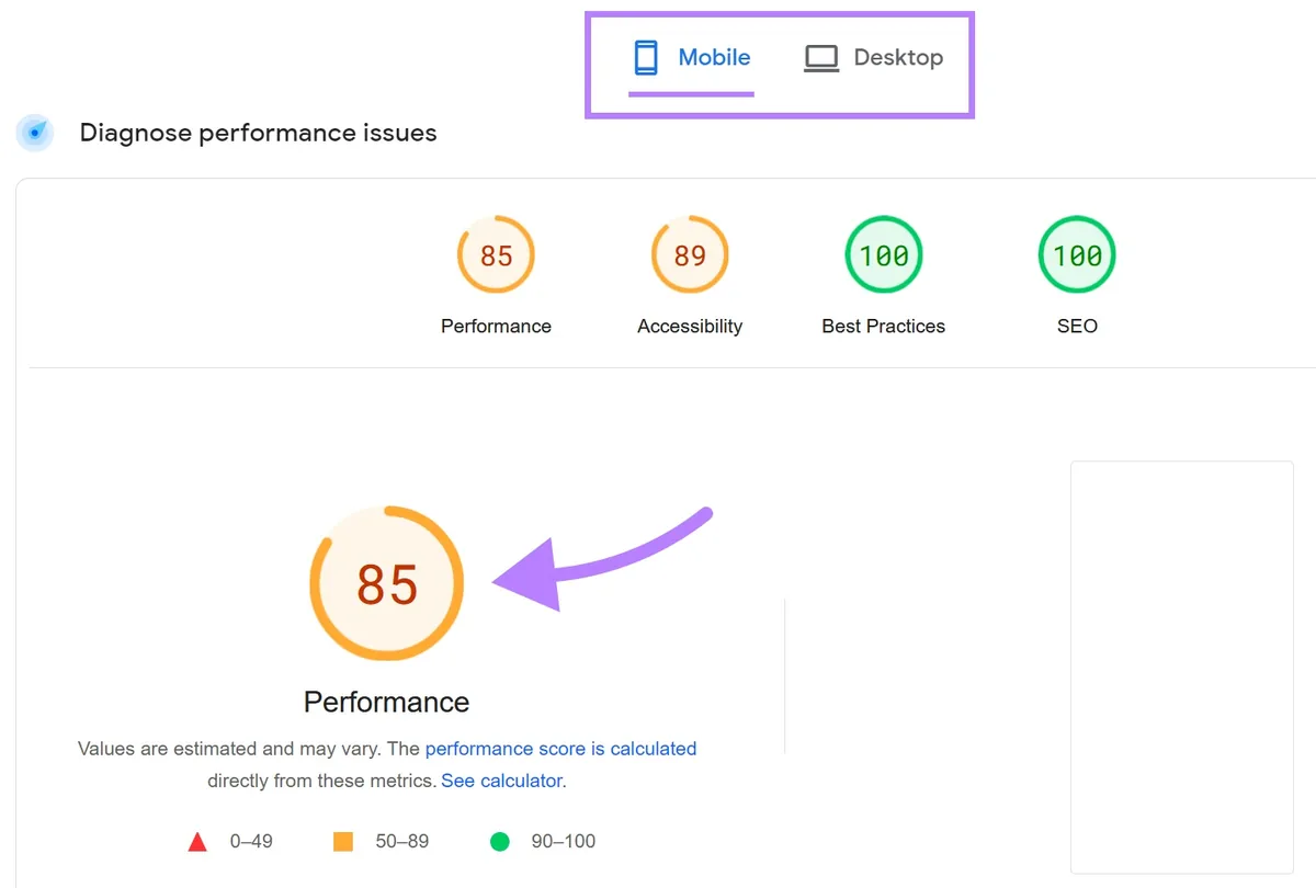 PageSpeed Insights 报告中的“Mobile”标签页,显示移动端友好度评分为 85