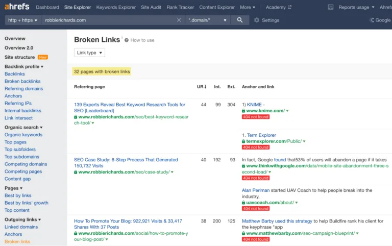 Ahrefs Site Explorer 中的失效出站链接