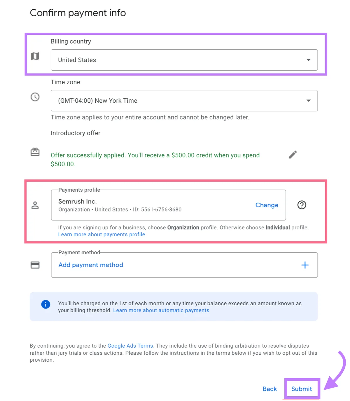 “Company payment info”页面