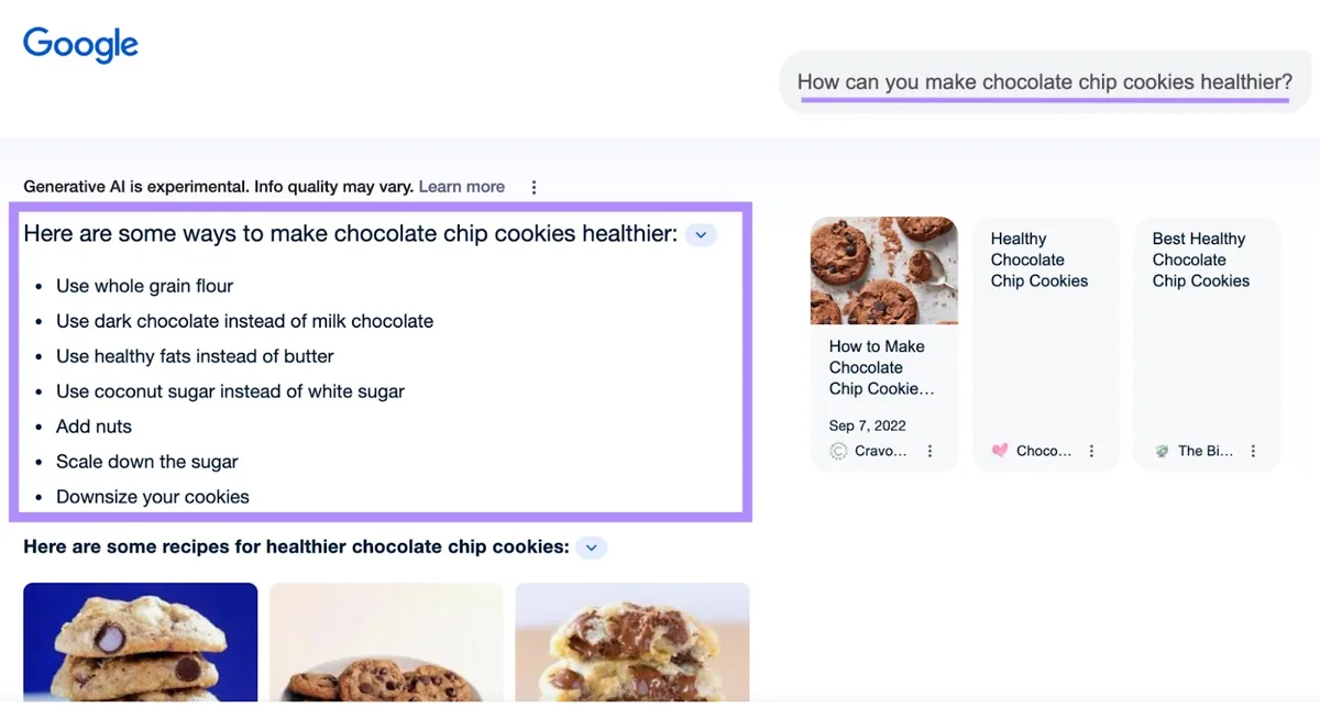Google SGE 针对追问“How can you make chocolate chip cookies healthier?”的回复