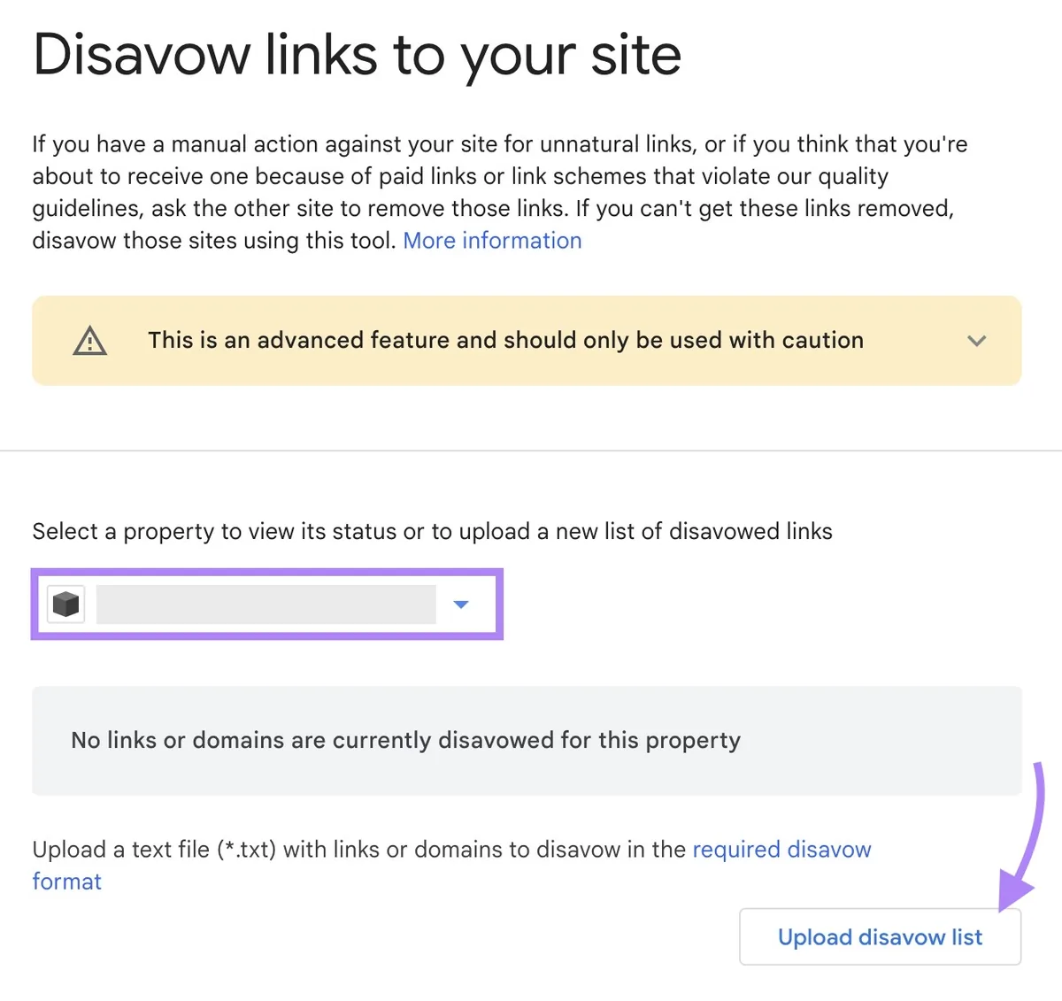 Google 上的拒绝链接工具,已选择媒体资源并点击“Upload disavow list”。