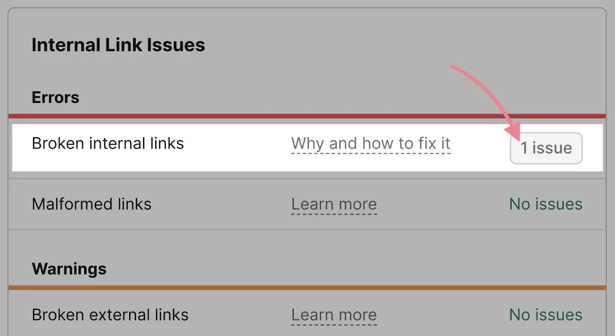 “Internal Linking”报告中的失效内链错误高亮并已点击