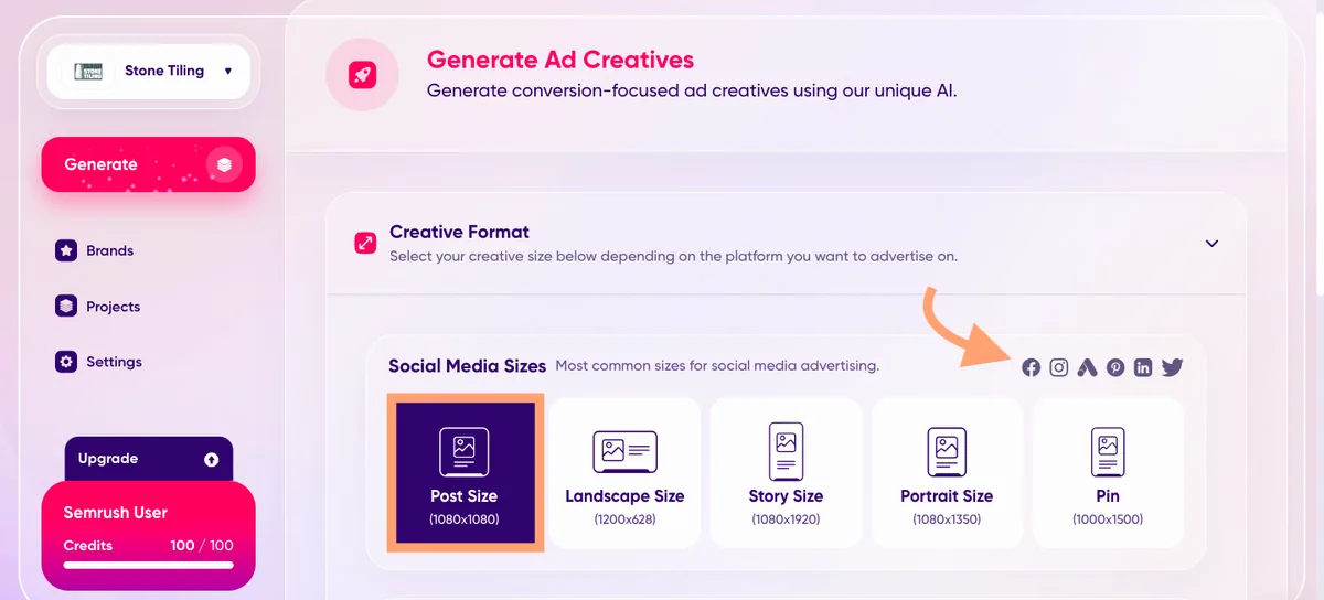 Ad.Creative 上尺寸和格式选项的截图。
