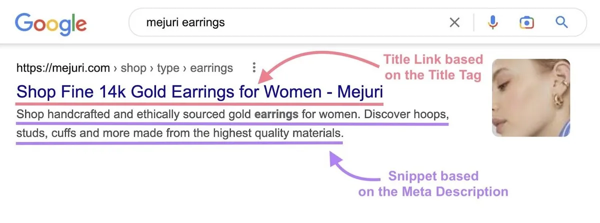 Google 搜索结果页面上某条 listing 的标题标签和元描述高亮显示