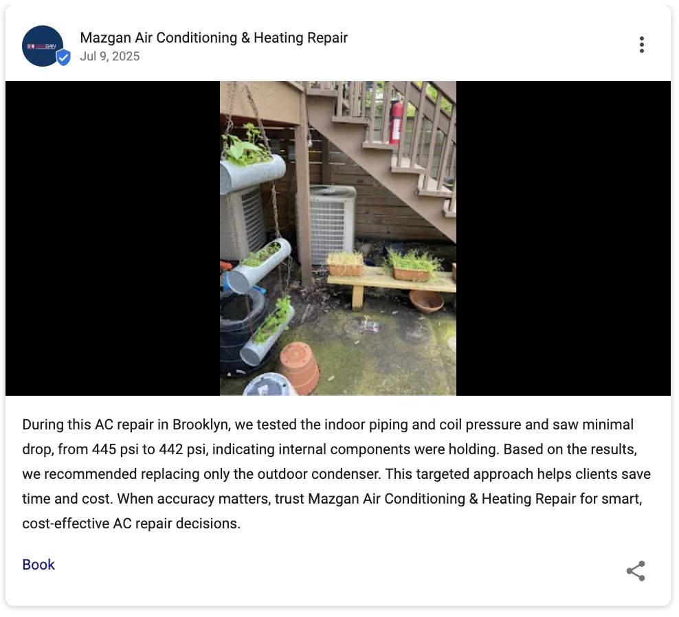 一家暖通空调企业在 Google Business Profile 上发布的帖子，详细说明空调室外冷凝器问题、修复方法及客户获得的结果。