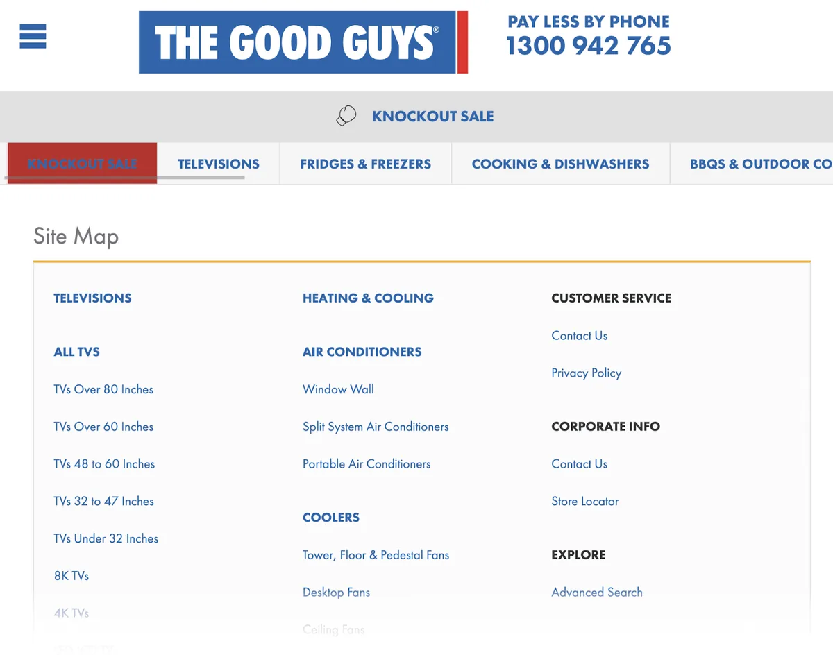 “The Good Guys”的 HTML 站点地图示例,显示其网站上每个页面的完整列表
