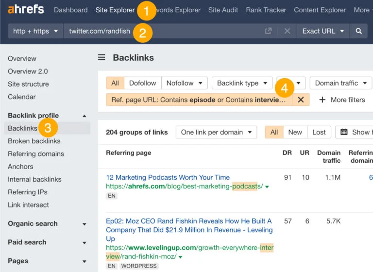 在 Ahrefs 的 Site Explorer 中筛选 Backlinks 报告里的访谈和播客链接