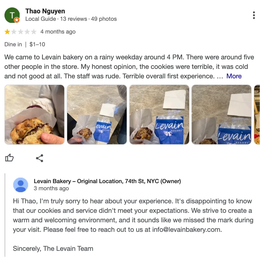 Levain Bakery 对负面顾客评价的回复。