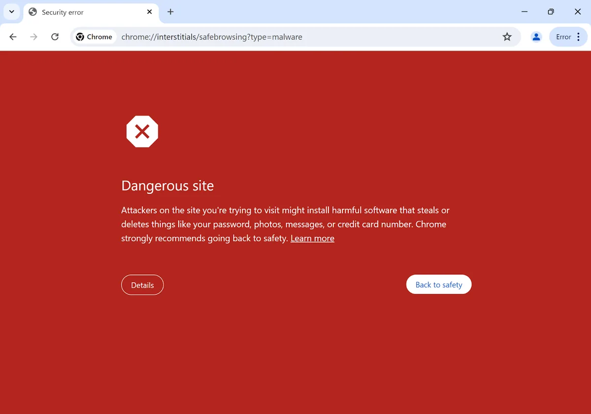 Google Chrome 恶意软件错误页面