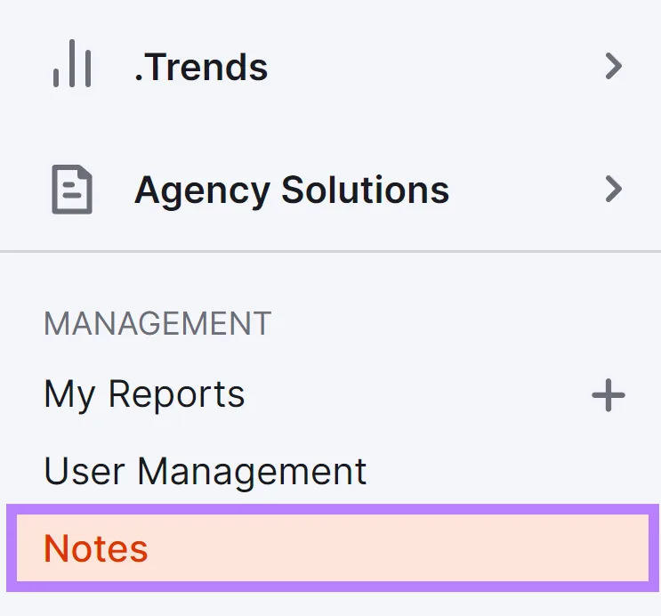 Semrush 导航中已选中并突出显示 Notes 选项。