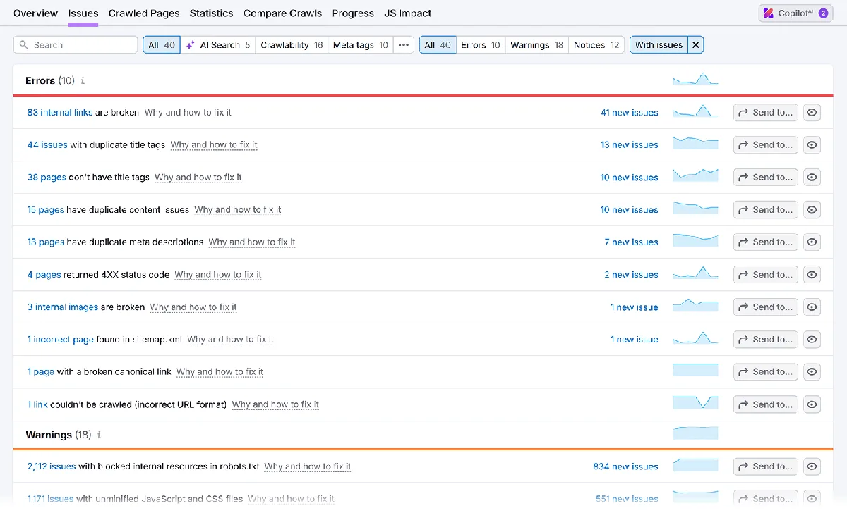 Site Audit Issues 标签页，列出 SEO 错误和警告。