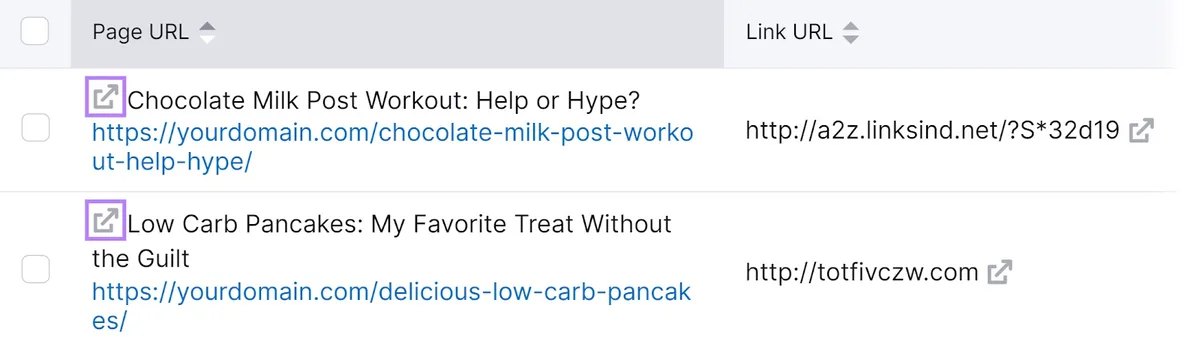 Site Audit 工具中的“Page URL”和“Link URL”列，第一列中的箭头符号被突出显示