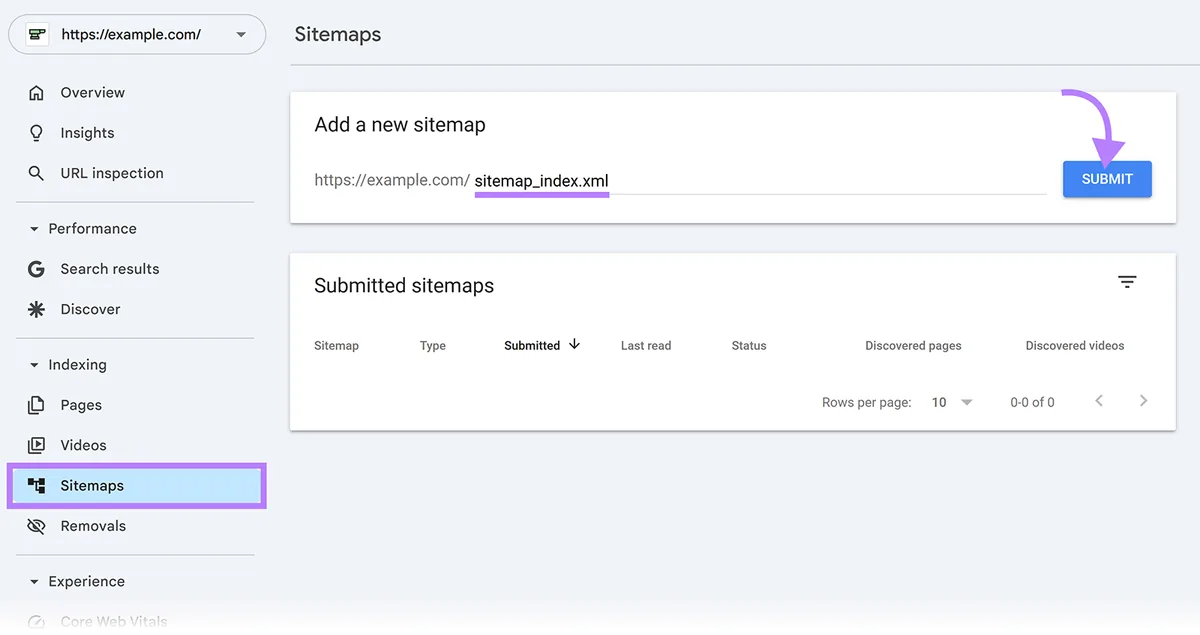 Google Search Console“站点地图”页面,sitemap_index.xml 提交字段已高亮显示