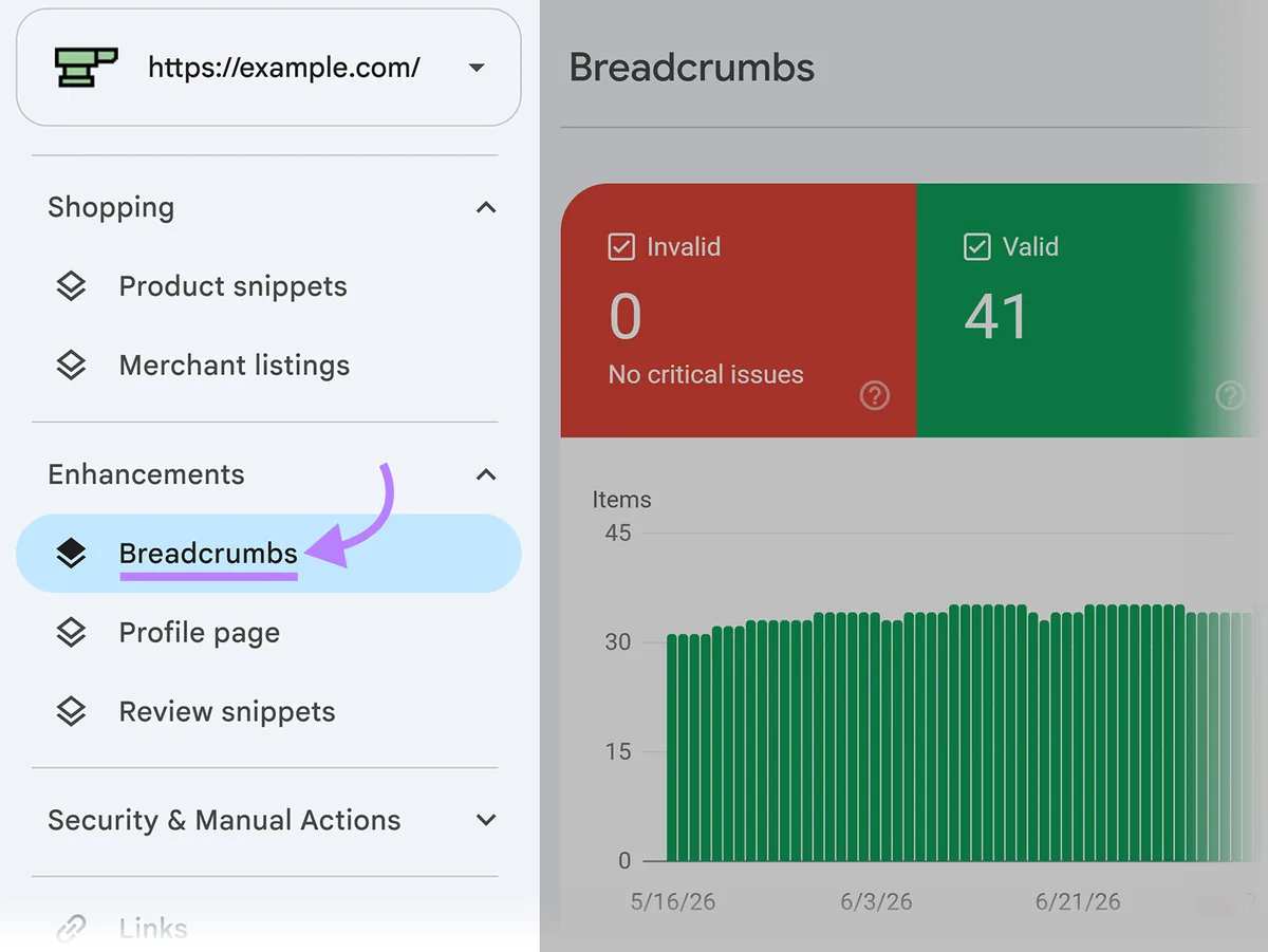 Google Search Console 导航,Breadcrumbs 增强功能报告已高亮显示