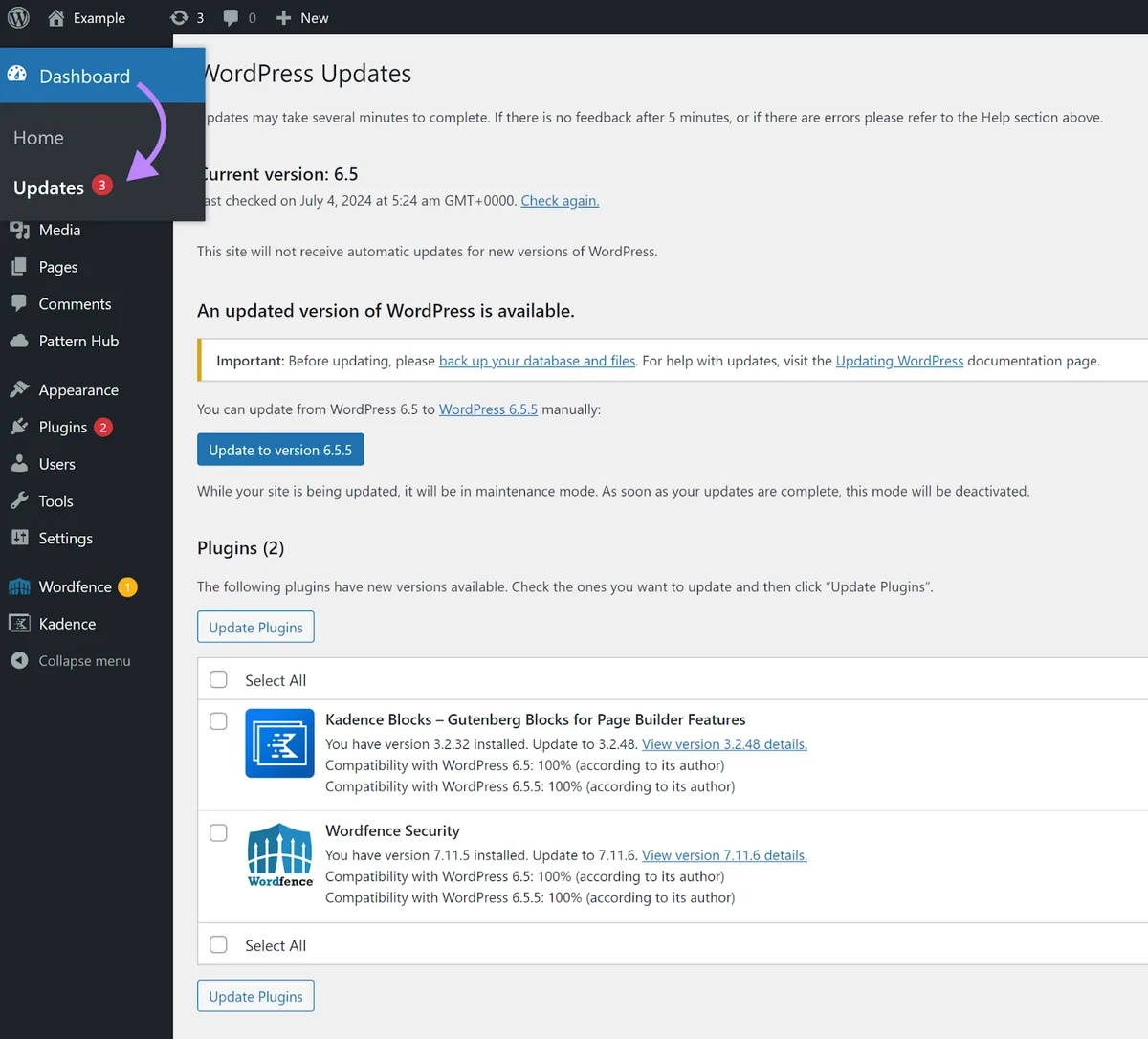 WordPress“Updates”页面的截图,显示站点可用的更新