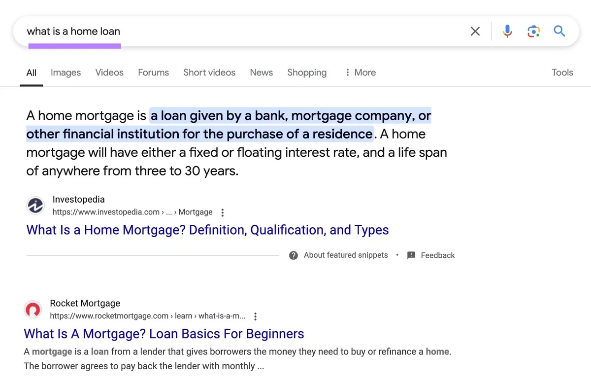 词条“what is a home loan”的 Google 搜索结果页面。