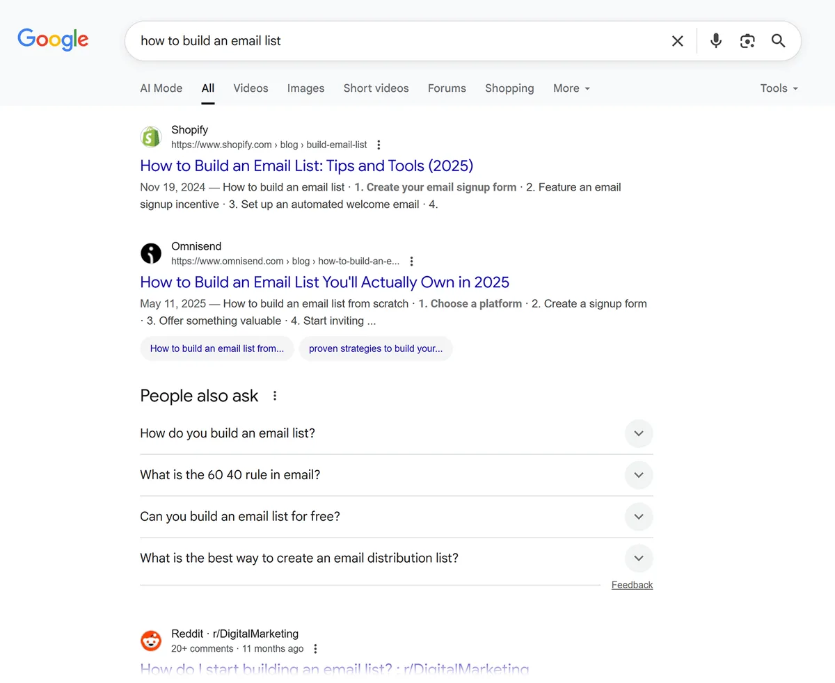 “how to build an email list”的搜索结果,第一条结果来自 Shopify