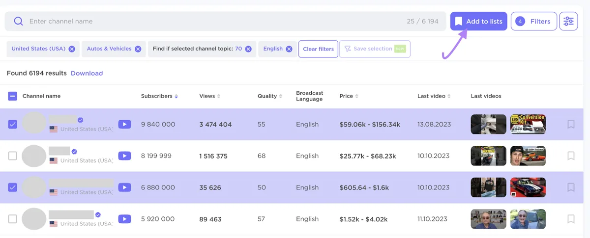 YouTube 网红列表,已选中两位网红,突出显示“Add to lists”按钮