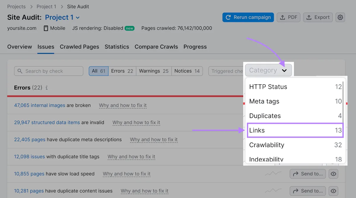 在 Site Audit 工具中导航到 Links