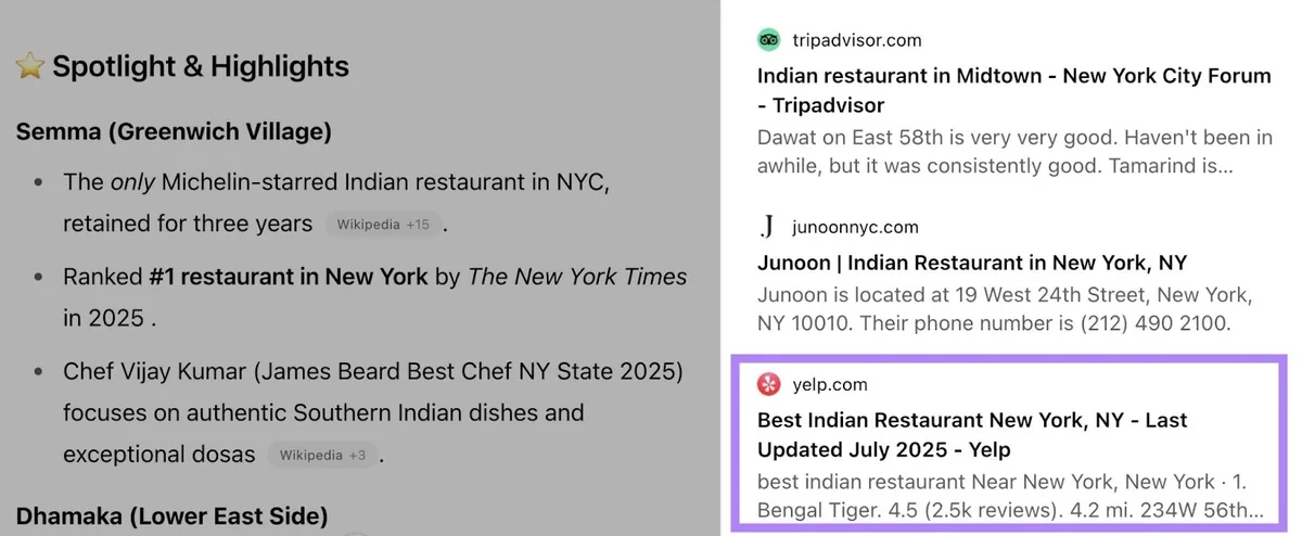 ChatGPT 对“best Indian restaurants in New York”的结果,将 Yelp 列为来源之一。