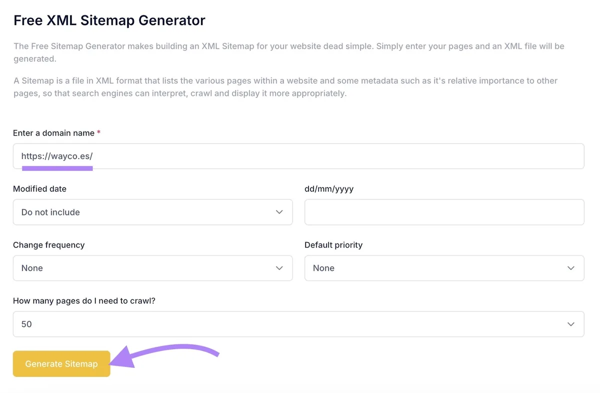 SEOptimer 上的免费 XML 站点地图生成器，已输入域名并点击“Generate Settings”。