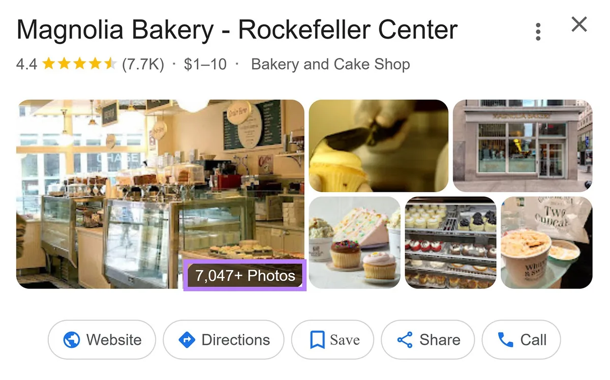 Google Business Profile 显示一排已上传的商家照片。