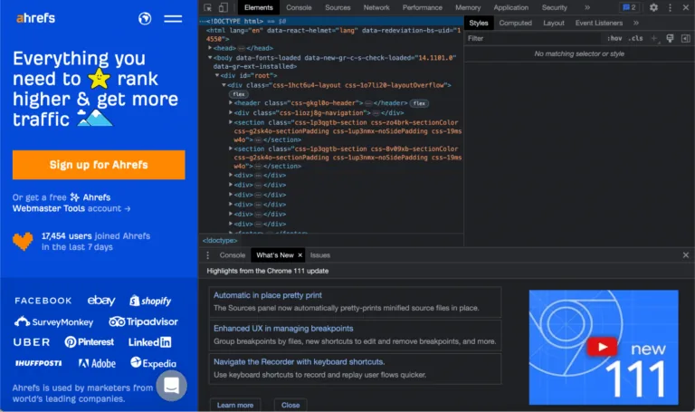 在 ahrefs.com 上通过 Chrome DevTools 获取的 Ahrefs 数据
