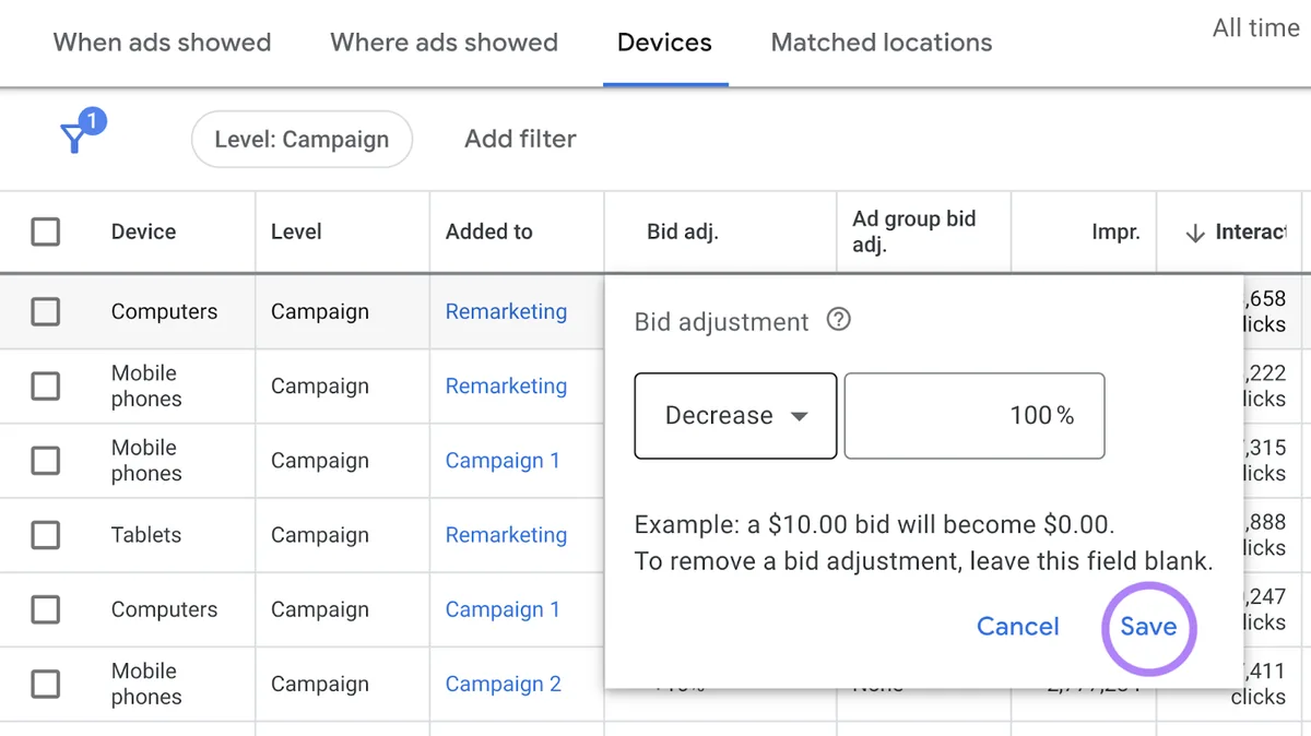 在 Google Ads 的“出价调整”列中,你可以设置广告定位特定设备