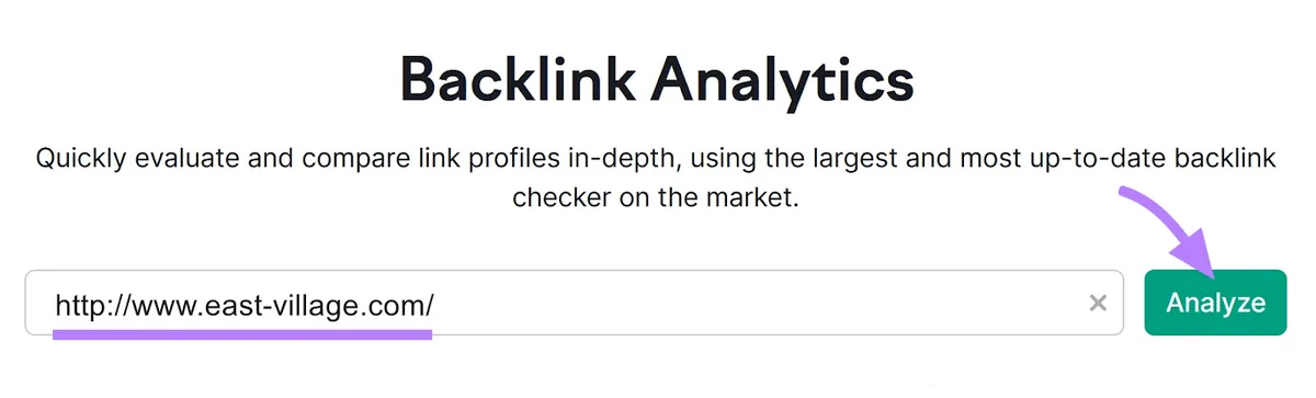 Backlinks 工具，搜索栏中输入“http://www.east-village.com/”，“analyze”按钮高亮