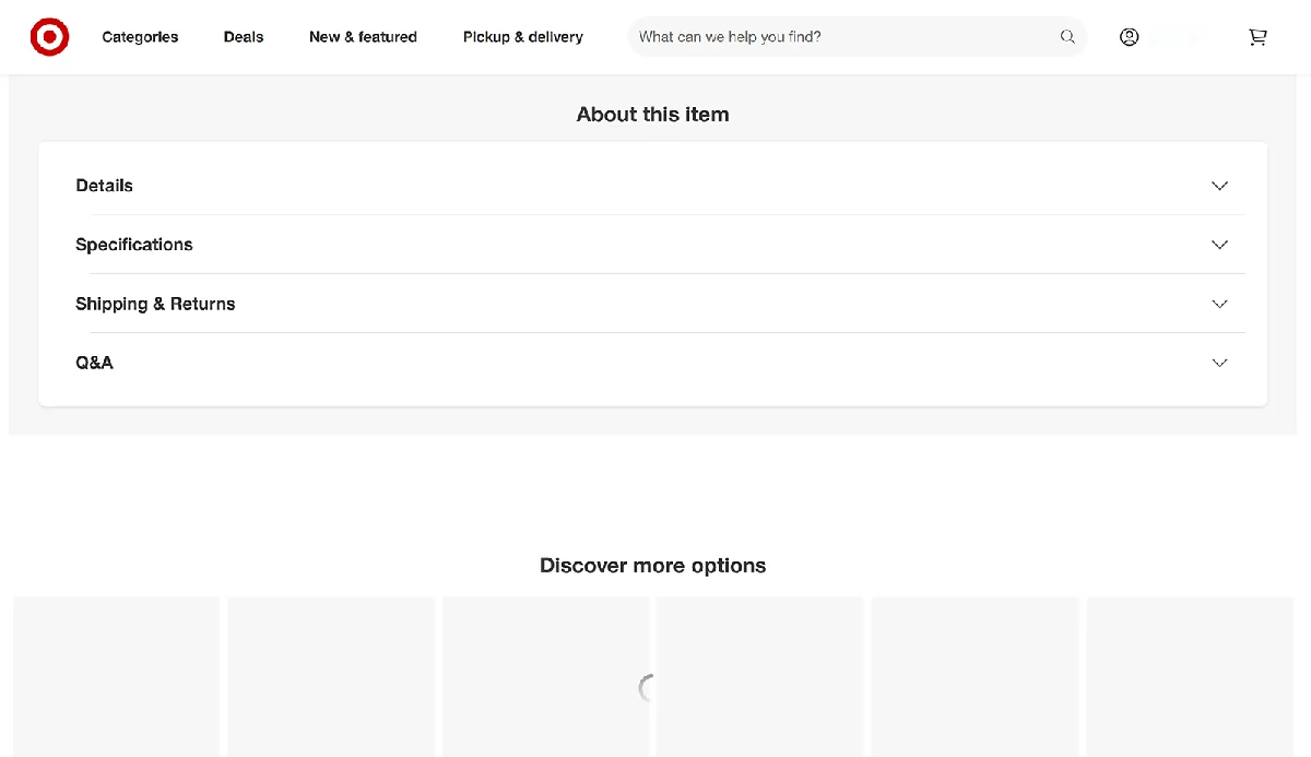 Target 产品页在禁用 JS 时缺少床垫保护层的描述和亮点。