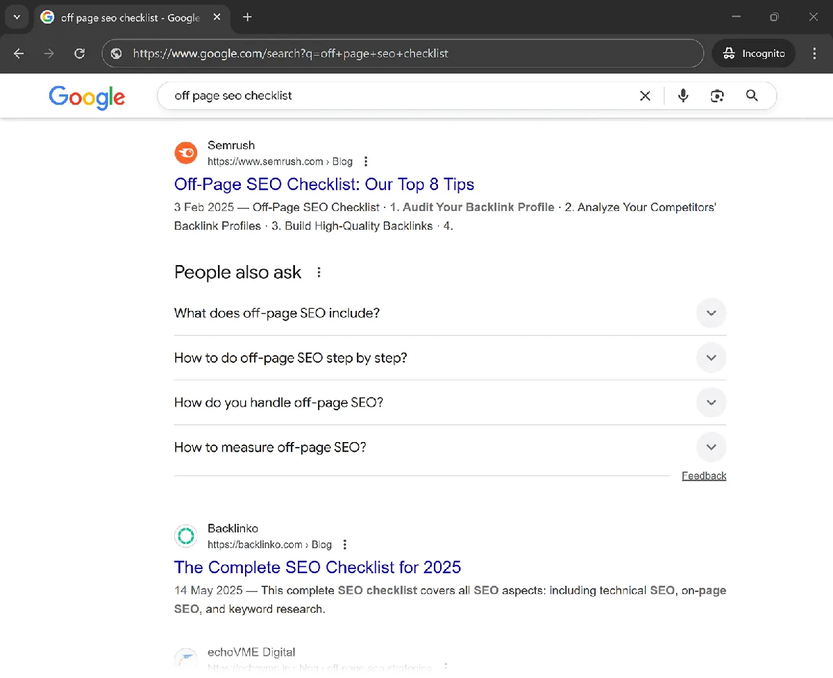 无痕模式下对“off page seo checklist”的搜索，显示一条 Semrush 结果和一个“People also ask”搜索结果页面功能。