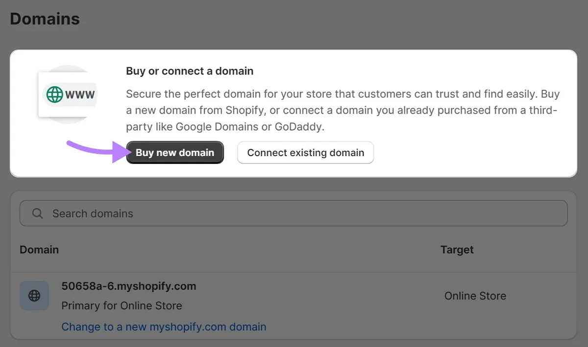 “Buy new domain”按钮高亮。