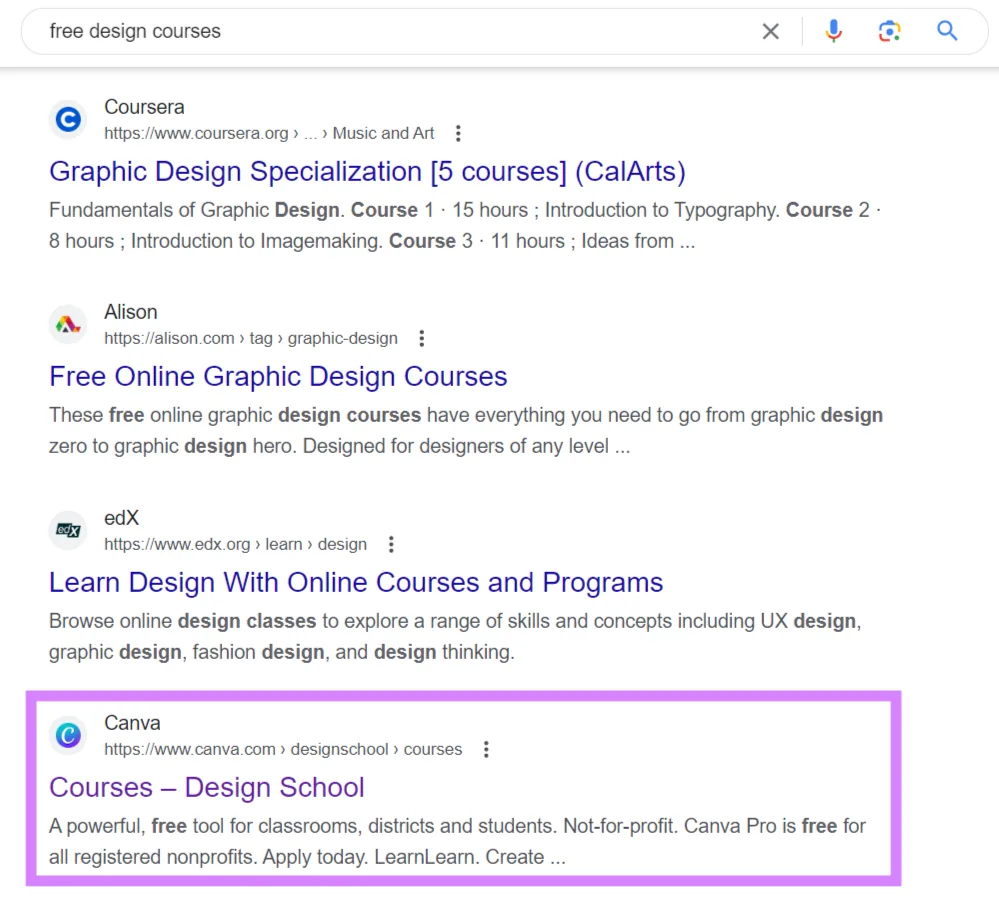 Canva 的课程出现在“free design courses”查询的 Google 搜索结果页面上