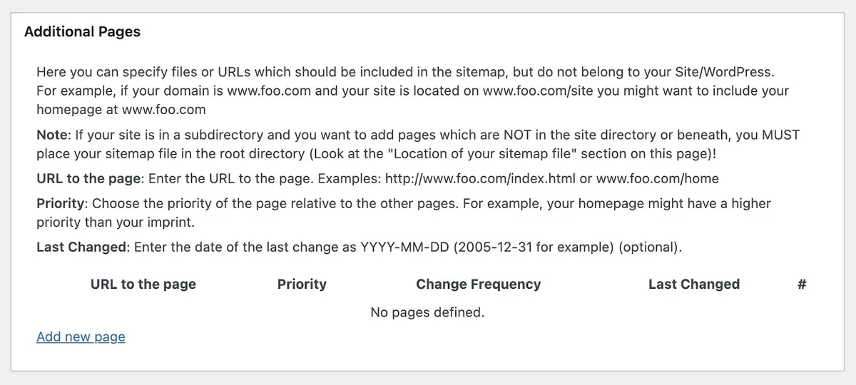 WordPress 上的 XML-Sitemap Generator for Google 中“Additional Pages”板块，用于手动向站点地图添加 URL。