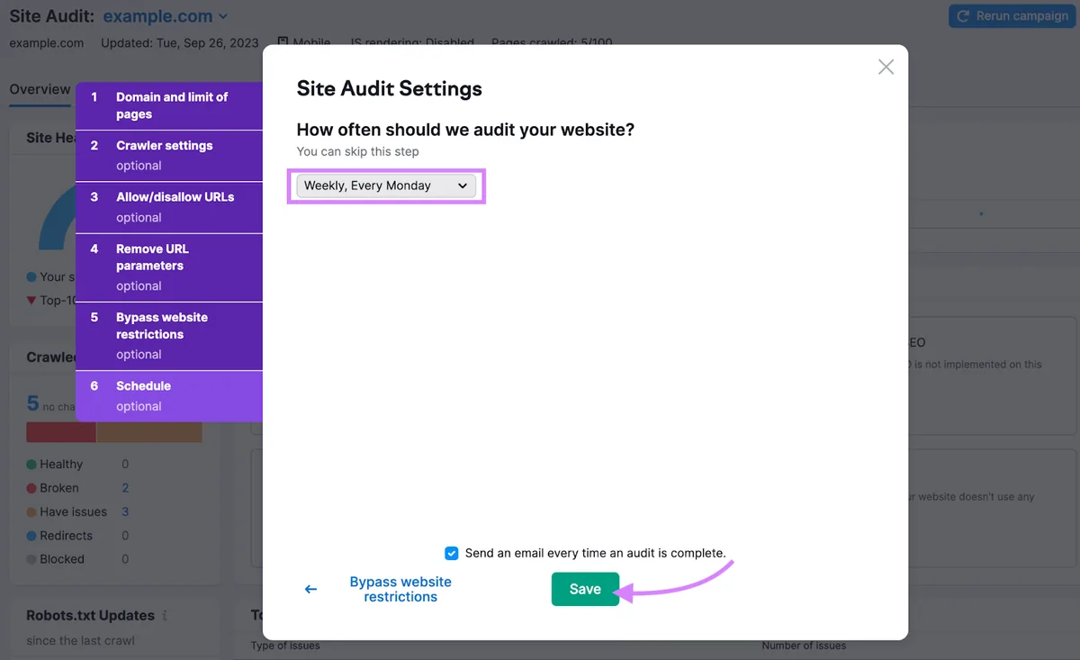 “Site Audit 设置”时间安排页面