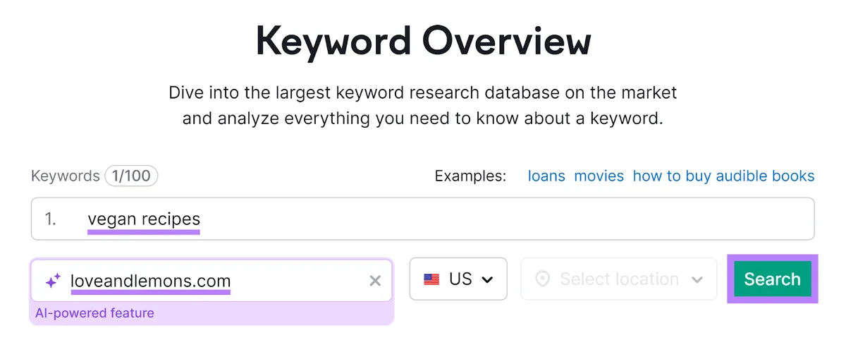 Semrush Keyword Overview 工具起始页,已输入关键词和域名,突出显示“Search”按钮