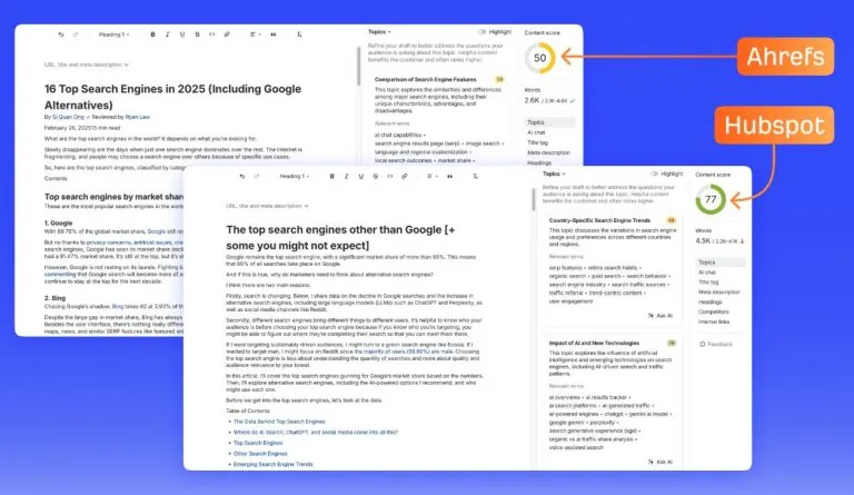 Ahrefs 与 HubSpot 两篇 Top Search Engines 博文的内容得分对比