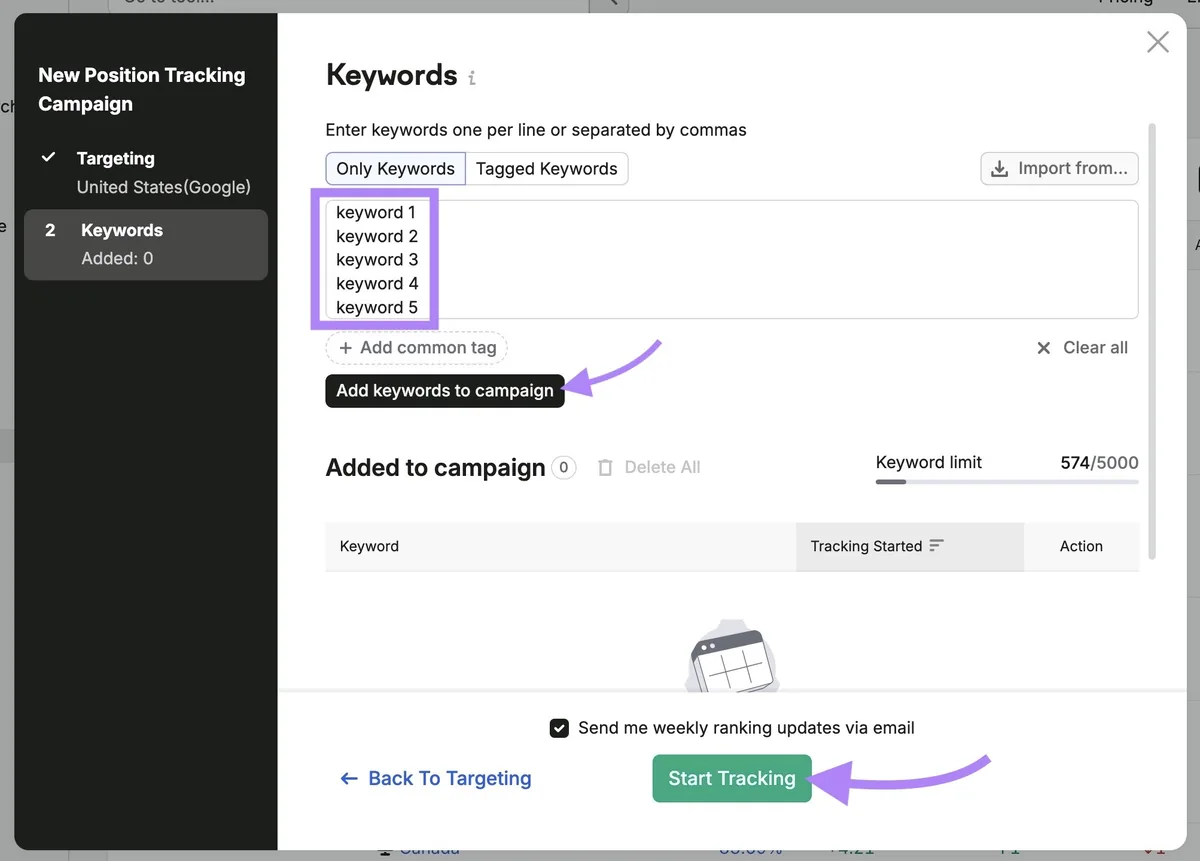 Position Tracking 设置,已输入关键词,并突出显示“Add keywords to campaign”和“Start Tracking”。