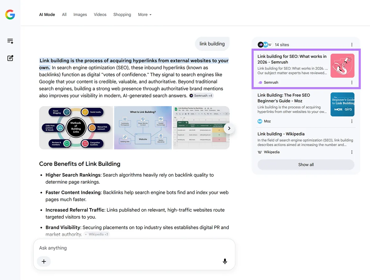 Google AI 模式关于链接建设的回答,Semrush 文章作为引用来源已高亮显示