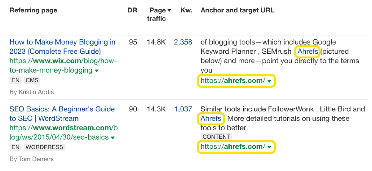 Site Explorer 中链接到 ahrefs.com 首页的来源页面截图