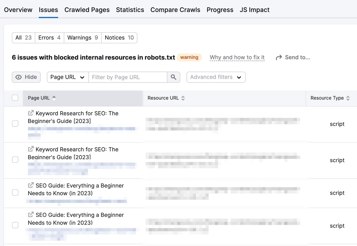 Site Audit 工具中的被阻止资源列表