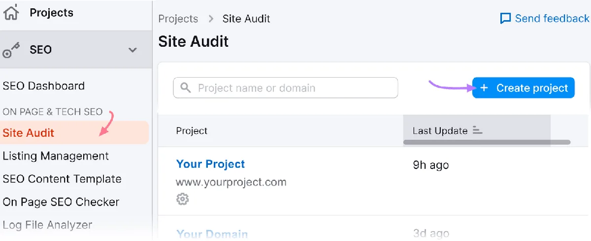 Semrush SEO 工具界面，突出显示“Site Audit”，主面板显示创建新项目的选项。