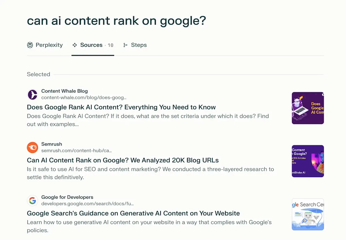Perplexity 搜索查询的 Sources 标签页,显示引用了 Semrush 的研究。