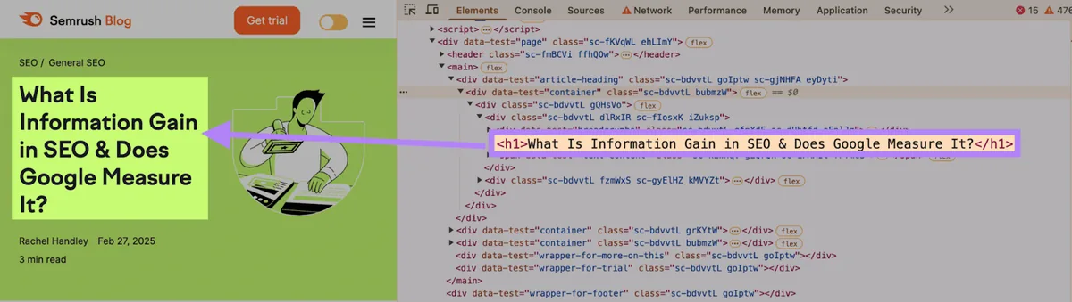 Semrush 博客文章,标题为“What Is Information Gain in SEO & Does Google Measure It?”,并展示 HTML 代码