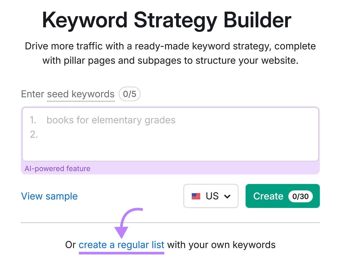 Keyword Strategy Builder,“create a regular list”链接已高亮显示。